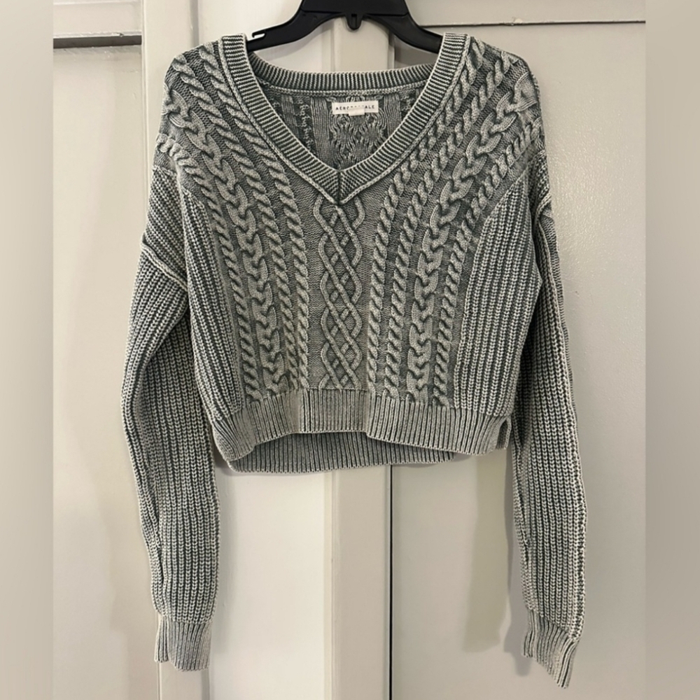 Aeropostale Charcoal V-Neck Cable Knit Sweater Cropped Style